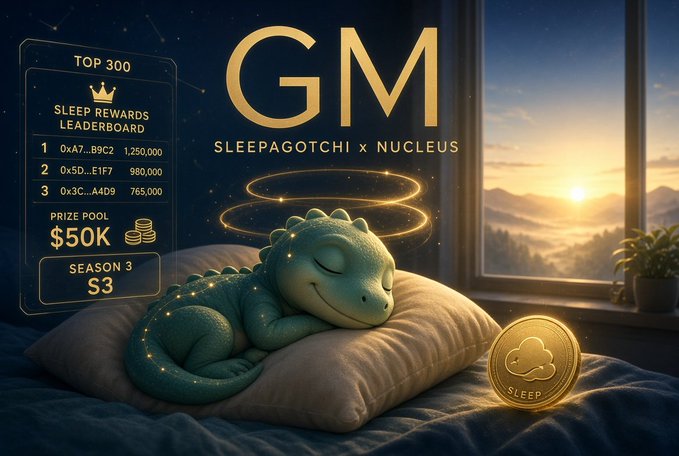 A digital illustration of a sleeping green dragon resting on a pillow beside a window at sunrise, promoting 'GM' with 'SLEEPAGOTCHI x NUCLEUS', featuring a TOP 300 Sleep Rewards Leaderboard and a $50K prize pool for Season 3.
