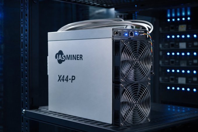 The image features a silver Jasminer X44-P computer cooling fan, which is placed on top of a table or shelf. The computer has two fans attached to its sides, indicating that it might be designed for high performance computing tasks. The background shows a blue wall with various lights and wires, suggesting that the computer is in an active server room or data center environment. The post about Jasminer X44-P mining hardware emphasizes the importance of this particular cooling system in the context of cryptocurrency mining operations.