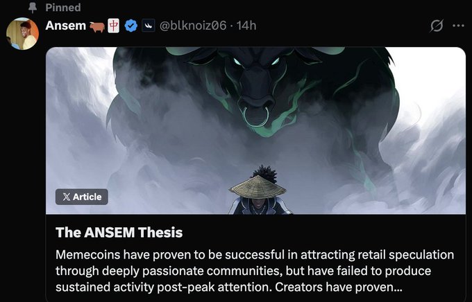 A screenshot of a pinned X (formerly Twitter) post by Ansem (@blknoiz06) featuring an image of a samurai facing a giant bull, illustrating "The ANSEM Thesis" which discusses the lifecycle of memecoins. The post's caption "choose your fighter" plays on the visual confrontation between the small character and the massive beast.