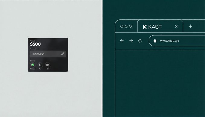 The image shows a comparison of two different designs for a wallet, with one design being a white square and the other being green. The white square has a black screen displaying "KAST" along with some text, while the green square features a website address and a lock icon. Both designs are related to KAST, as they represent different aspects or functionalities of the wallet.