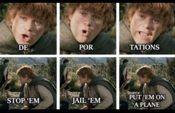 A six-panel meme using scenes from The Lord of the Rings featuring Samwise Gamgee, with the top row showing close-ups of his face above the words "DE," "POR," and "TATIONS," and the bottom row showing him from behind with the text "STOP 'EM," "JAIL 'EM," and "PUT 'EM ON A PLANE," together forming a joke about U.S. deportation policy.