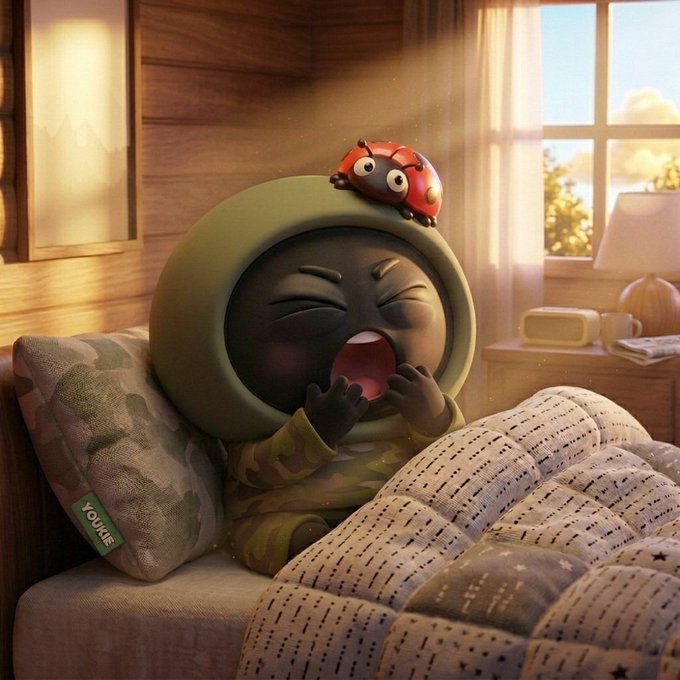 A 3D-rendered illustration of a cute, round character in a green hooded onesie yawning widely while sitting in bed, with a red ladybug resting on its head.
