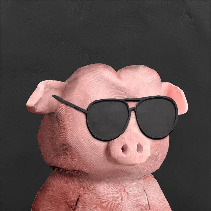 A 3D rendering of a pink pig wearing black aviator sunglasses against a dark background.