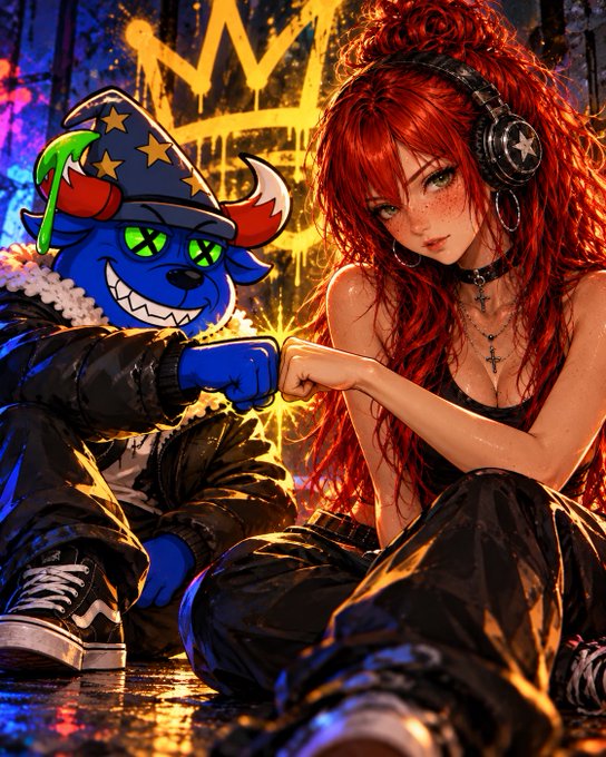 An anime-style illustration shows a red-haired girl wearing headphones doing a fist bump with a blue cartoon character wearing a star-patterned hat, set against a graffiti-covered wall with a crown graphic.