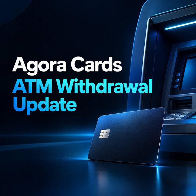 A promotional graphic reading "Agora Cards - ATM Withdrawal Update" featuring a dark blue credit card with a chip and an ATM machine in the background.