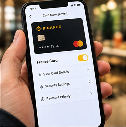 A hand holds a smartphone displaying a "Card Management" screen for a Binance-branded Mastercard ending in 1234, with options to Freeze Card, View Card Details, Security Settings, and Payment Priority. The image ties to the caption by illustrating the often-overlooked behind-the-scenes card management features—like freezing, security, and payment settings—that exist beyond a simple tap-to-pay crypto transaction.