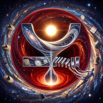 A cosmic hourglass with a glowing sun core symbolizes the time trade-off between staking and liquidity, surrounded by floating satellites, clocks, and a rocket. The image visualizes the post's theme of breaking free from the traditional staking time-lock constraint through sTRX's liquid staking solution.