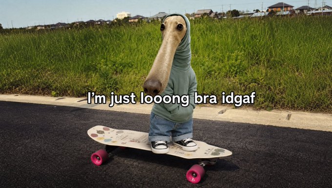 A whimsical figure in a teal hoodie and jeans stands on a skateboard, sporting an elongated dog-like snout, with the caption "I'm just looong bra idgaf" overlaid on the scene. The surreal, carefree vibe ties into the post's anticipation of an upcoming moment, suggesting a relaxed, unbothered readiness for what's about to happen.