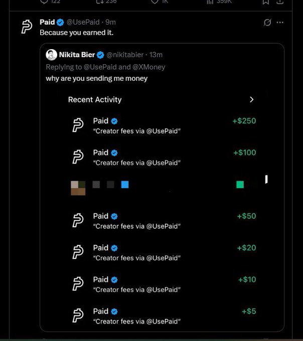 A screenshot of a tweet from @UsePaid captioned "Because you earned it," replying to Nikita Bier (@nikitabier) who questioned "why are you sending me money" after receiving six "Creator fees via @UsePaid" payments totaling $435 ($250, $100, $50, $20, $10, and $5). This supports allegations that Nikita was being paid creator fees to promote $PAID, suggesting potential insider trading concerns.