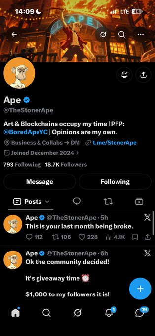 A Twitter/X profile for 'Ape' (@TheStonerApe) displays an anime header, 18.7K followers, and tweets about a '$1,000 giveaway' to followers.