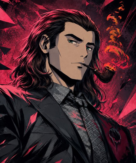 A stylized comic book-style illustration depicts a confident man with long dark hair, green eyes, and a goatee, dressed in a black suit with a patterned gray shirt, smoking a wooden pipe that emits fiery red smoke against a dramatic red and black background. The image evokes the "Mad Lads" NFT collection's bold, masculine aesthetic, complementing the post celebrating the @MadLads project on the @solana blockchain.