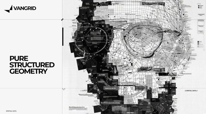A black and white design poster titled 'PURE STRUCTURED GEOMETRY' by VANGRID, displaying a complex wireframe mesh face composed of geometric lines and spatial data annotations.