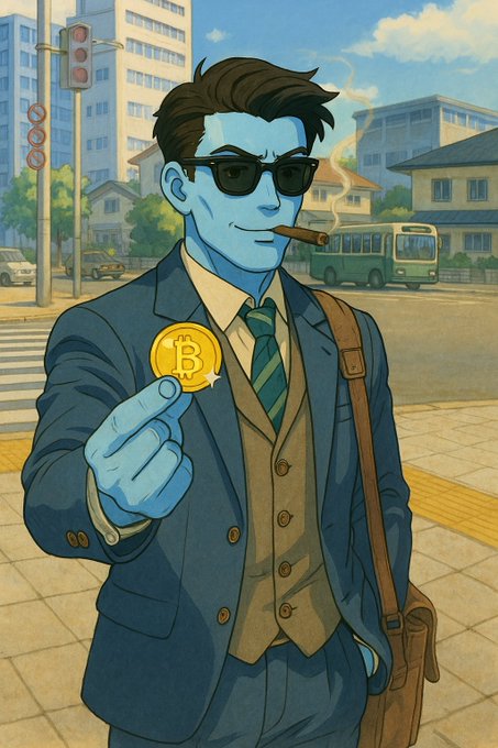 A blue-skinned businessman in sunglasses and a suit holds up a Bitcoin ($BTC) coin while smoking a cigar on a city street, visually representing the somber, high-stakes mood as crypto investors question whether the market has finally bottomed after steep year-to-date declines.
