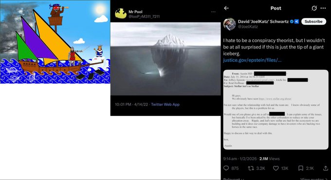 The image is a collage featuring Mr. Pool's (@IloopP) 2022 tweet showing a real iceberg photo, alongside a colorful cartoon pirate ship sailing on waves, and a screenshot of David Joel Katz Schwartz's (@JoelKatz) post discussing conspiracy theories about an iceberg with a link to justice.gov/epstein/files/. The collage visually represents the post's metaphor of an iceberg's hidden depths, suggesting concealed information beneath the surface.