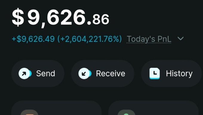 A screenshot of a crypto wallet dashboard displaying a balance of $9,626.86 with today's PnL of +$9,626.49 (+2,604,221.76%), alongside Send, Receive, and History buttons. The image appears to support a "$500+ Giveaway" promotional post by showcasing a substantial profit figure to lend credibility.