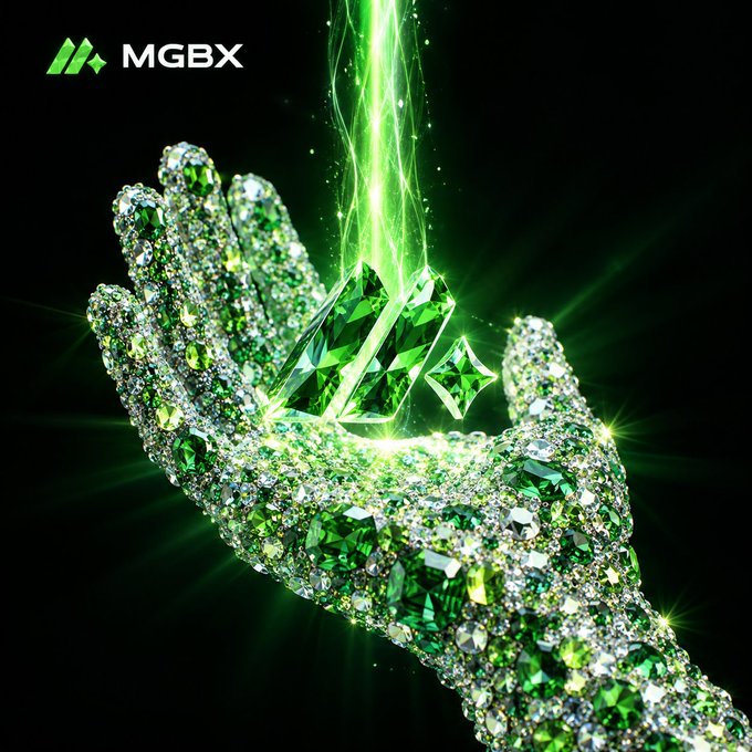 A glittering hand encrusted with green gemstones cradles a radiant crystal as energy beams shoot upward, with the "MGBX" logo displayed in the top-left corner—visually capturing the #GM post's playful "diamond hands" theme of holding precious value.