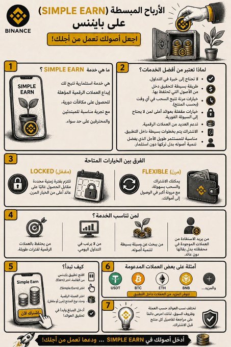 A Binance infographic in Arabic detailing 7 steps for using Simple Earn, including choosing the best subscription (Flexible or Locked), selecting assets like USDT, BTC, ETH, and BNB, and inviting users to log in and start earning passive income.
