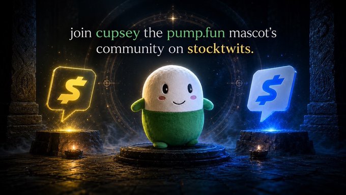 A cute plush mascot with a green body stands on a pedestal between glowing dollar sign and "S" symbols, with text reading "join cupsey the pump.fun mascot's community on stocktwits" — visually promoting the call to grow $Cupsey's memecoin community on the Stocktwits platform.