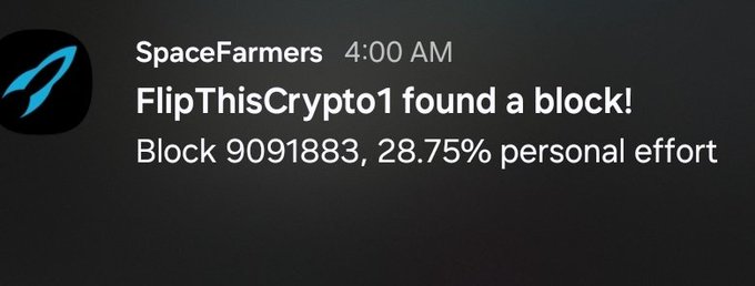 A Discord notification from SpaceFarmers stating 'FlipThisCrypto1 found a block! Block 9091883, 28.75% personal effort.'