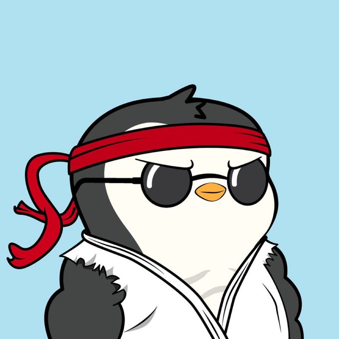 A cartoon penguin wearing a red headband, sunglasses, and a white martial arts gi with a black trim looks serious against a light blue background.