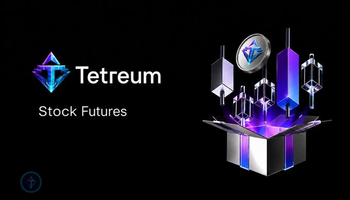 Promotional graphic for Tetreum 'Stock Futures' featuring a purple crystalline box with floating digital assets and the Tetreum logo.