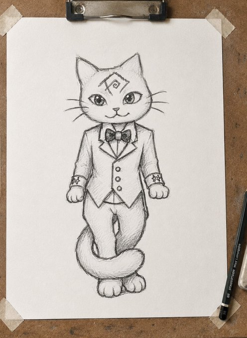 A pencil sketch on a clipboard showing an anthropomorphic cat wearing a tuxedo with a bow tie, a diamond-shaped symbol on its forehead, and an upright posture.
