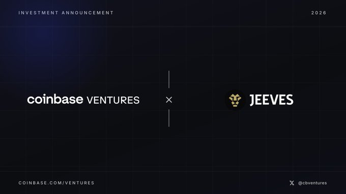 A dark, minimalist investment announcement graphic from 2026 featuring the "coinbase VENTURES" logo alongside the "JEEVES" logo (with its lion icon), separated by a vertical line and "x" symbol, promoting Coinbase Ventures' investment in Jeeves. The design includes a URL "COINBASE.COM/VENTURES" and Twitter handle "@cbventures," visually reinforcing the post's announcement of backing Jeeves's stablecoin-powered financial infrastructure for global businesses.
