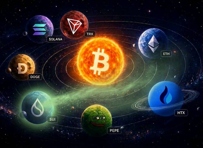 A space-themed graphic depicting a sun with a Bitcoin symbol in the center, surrounded by planets featuring cryptocurrency logos for SOLANA, TRX, ETH, DOGE, SUI, PEPE, and HTX.
