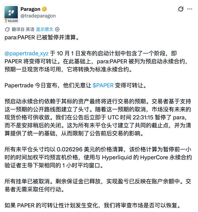 Screenshot of a Paragon (@tradeparagon) post stating that para:PAPER has been suspended and liquidated, with all open positions settled at $0.026296 and no pending orders executed. It cites $PAPER’s planned external-shorting vulnerability, explaining that attackers could short PAPER while manipulating BTC/ETH prices to profit on both sides.