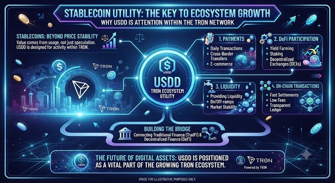 A futuristic blue-toned infographic titled "STABLECOIN UTILITY: THE KEY TO ECOSYSTEM GROWTH — WHY USDD IS ATTENTION WITHIN THE TRON NETWORK," featuring a central USDD logo surrounded by four utility pillars (Payments, DeFi Participation, Liquidity, and On-Chain Transactions), reinforcing the post's message that USDD's value extends beyond price stability through its active role in the Tron ecosystem.