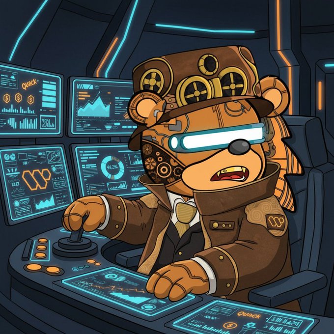 A cartoon bear wearing a fancy hat, top hat, and jacket sitting at a computer terminal.