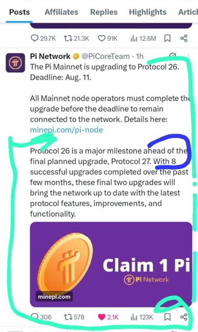 The image shows a tweet from Pi Network (@PiCoreTeam) announcing that the Pi Mainnet is upgrading to Protocol 26 with a deadline of August 11, noting that Protocol 27 will be the final planned upgrade. This aligns with the post's excitement about v27 being the final Mainnet upgrade, marking an important milestone for the Pi community as they approach the last two protocol releases.