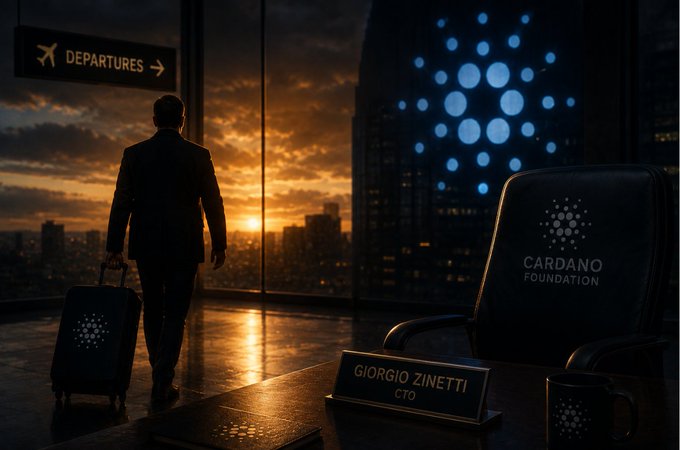 An AI-generated image of a man in a suit walking with a suitcase past a desk with a nameplate reading 'GIORGIO ZINETTI, CTO' and a 'CARDANO FOUNDATION' chair, with a Cardano logo visible in the window.