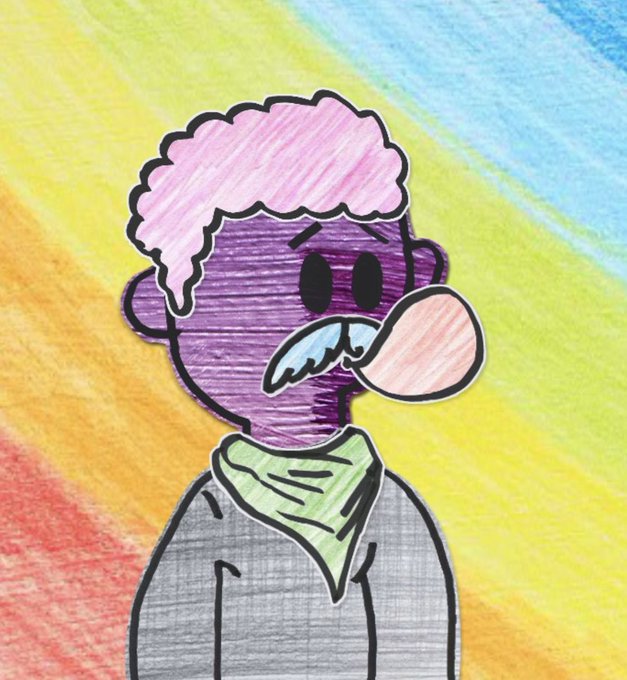 A child's colored-pencil drawing of a purple-skinned character with pink curly hair, a pink nose, blue mustache, and green scarf against a rainbow-colored background.