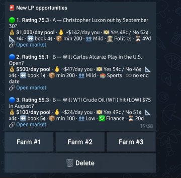 A screenshot of a 'New LP opportunities' dashboard showing three prediction market listings including ratings 75.3, 56.1, and 55.3, with details like reward pools, book values, and options to open markets or manage Farm #1, #2, #3.