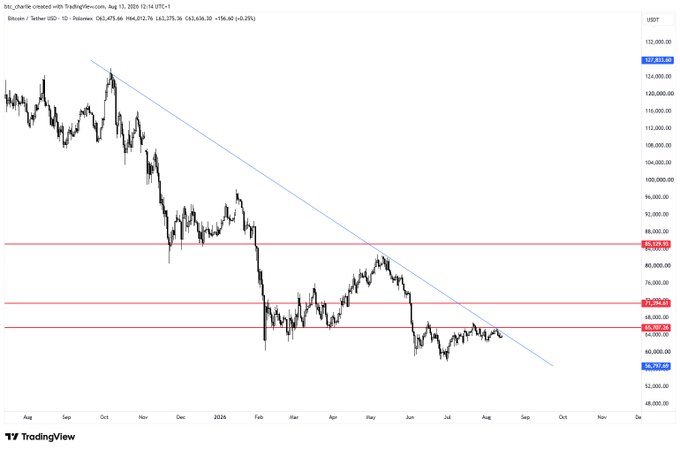 The image is a TradingView candlestick chart for Bitcoin (BTC/USDT) on a daily timeframe, showing a clear downtrend from August 2023 to August 2024, marked with a descending blue trendline and key horizontal support/resistance levels around $66,000–$84,000, which aligns with the post's sentiment that Bitcoin's price action remains straightforward within these drawn technical zones.