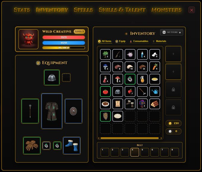 The image shows a game inventory screen for the character "Wild Creative" at Level 5, displaying stats (Health 121/122, Mana 44/44, Experience 703/808 XP), equipped gear including armor, shield, boots, and gloves, plus a collection of items, consumables, and a belt with 2311 gold. This appears to be a promotional screenshot of an NFT-based RPG game linked to the Wild Creative project on the XRP Ledger, showcasing the in-game progress of a loyal XRP community member.