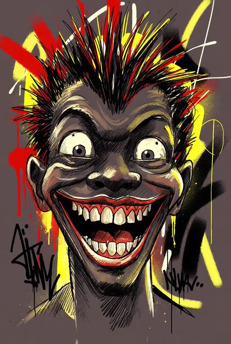 A stylized graffiti-style illustration of a wild-eyed, manic character with spiky multicolored hair and a huge toothy grin, set against a gray background with yellow, red, and black paint splatters.