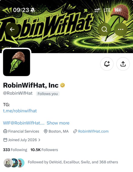 Screenshot of a Twitter/X profile for "RobinWifHat, Inc" (@RobinWifHat) with a verified badge, showing 333 following, 10.5K followers, a green parachute logo, and bio details including a Telegram link and RobinWifHat.com website.