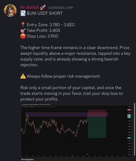 A Discord trading community promotion featuring a $UNI/USDT short trade setup with Entry Zone 3.780-3.820, Take Profit 3.400, and Stop Loss 3.900, emphasizing risk management and bearish market analysis with an attached TradingView chart.