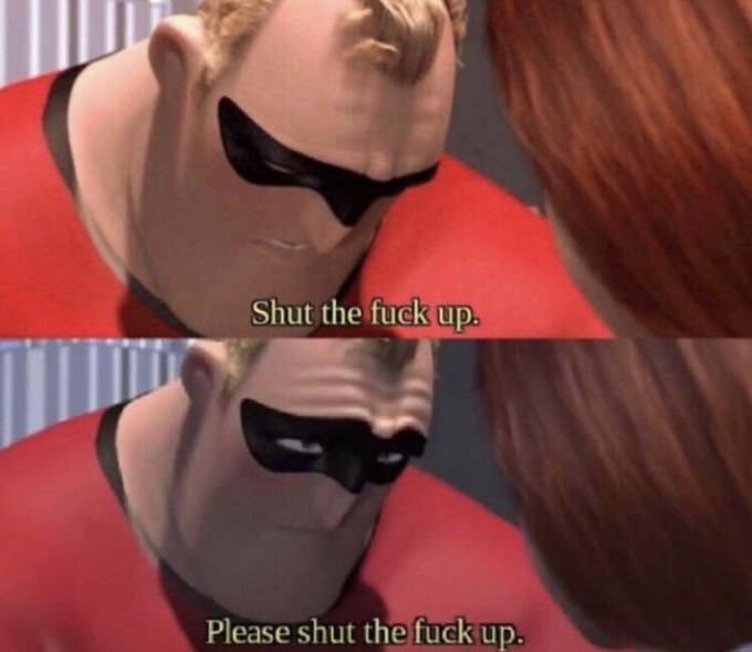 A two-panel meme shows Mr. Incredible looking angry and saying "Shut the fuck up," then softening to "Please shut the fuck up," humorously matching the post's dismissive tone toward those who might disagree with the bear market prediction for Ethereum ($ETH).