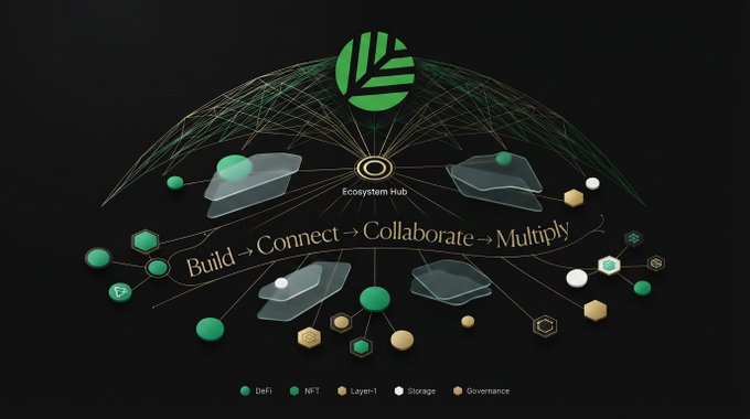 An infographic on a dark background showing an 'Ecosystem Hub' with the motto 'Build -> Connect -> Collaborate -> Multiply' and categories including DeFi, NFT, Layer-1, Storage, and Governance.