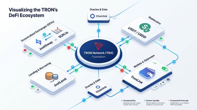 The image is a diagram titled "Visualizing the TRON's DeFi Ecosystem," showing the TRON Network (TRX) Foundation at the center connected to various DeFi components including JustSwap and SUN.io (Decentralized Exchanges), USDT/USDD (Stablecoins), TronLink (Wallets & Gateways), JustLend (Lending & Borrowing), and Chainlink (Oracles & Data), with arrows indicating interoperability, shared liquidity, and composable protocols.

This visualization directly illustrates the post's point about DeFi collaboration by mapping how a single blockchain network like TRON integrates with multiple interconnected protocols—exchanges, lending platforms, stablecoins, oracles, and wallets—rather than operating in isolation.