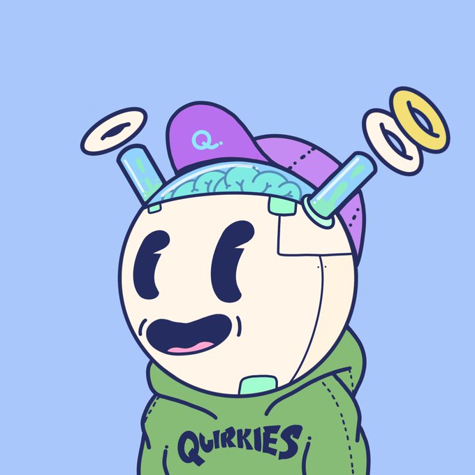 A cartoon mascot character with a skull-like head wearing a purple backwards cap and a green hoodie labeled 'QUIRKIES'.