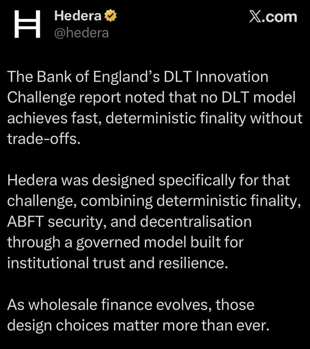 The image shows a social media post with a text overlay that includes information about the Bank of England's DLT Innovation Challenge report. The text appears to be discussing the DLT model without the D Lite trading-off mechanism. This discussion seems to be related to the challenges and implications faced by the DLT project, possibly in the context of the Bank of England's involvement or other financial factors.