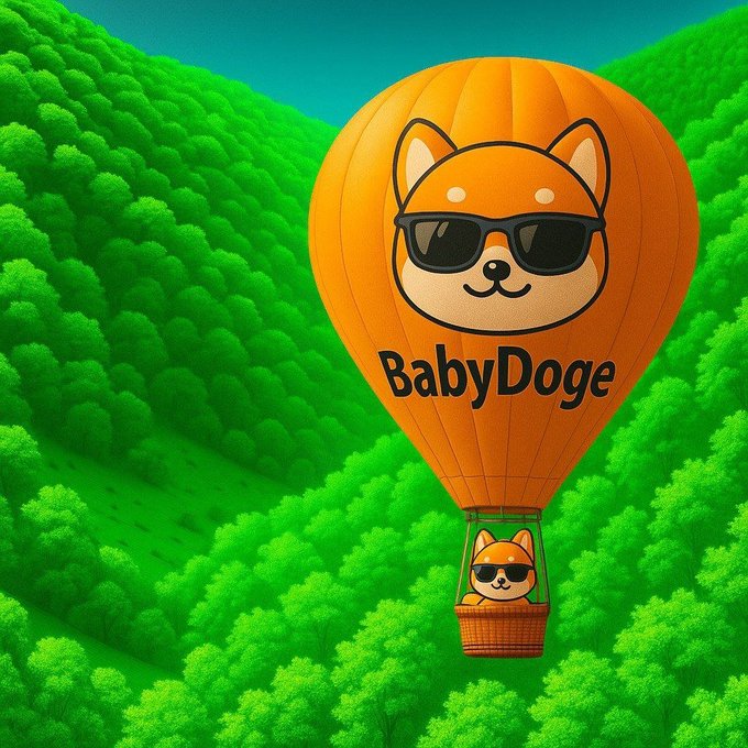 A cartoon orange hot air balloon featuring a smiling Shiba Inu wearing sunglasses soars over lush green hills, with "BabyDoge" displayed on its side and another small dog in the basket. The playful mascot imagery reinforces the cheerful "GM" (good morning) message to the BabyDoge community.