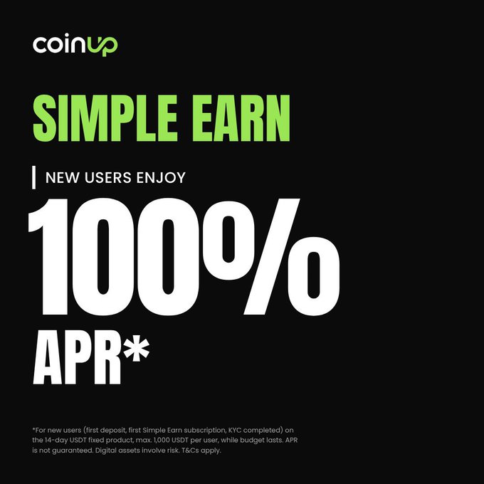 The image is an advertisement for 'coinup' with 'SIMPLE EARN' offering new users '1000% APR*' on a 14-day USDT fixed product, max 1000 USDT per user.