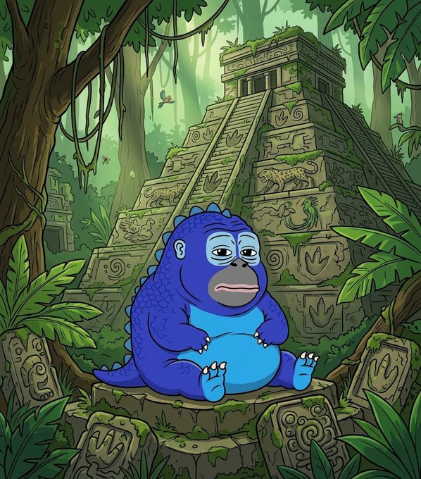 A cartoon blue gorilla sits cross-legged in a meditative pose atop a stone platform in a lush jungle, with an ancient Mayan-style pyramid temple rising behind it. The whimsical, fantastical scene ties into the relaxed Sunday vibe of the post, playfully embodying the "touch some grass" sentiment with the gorilla appearing to embrace nature.