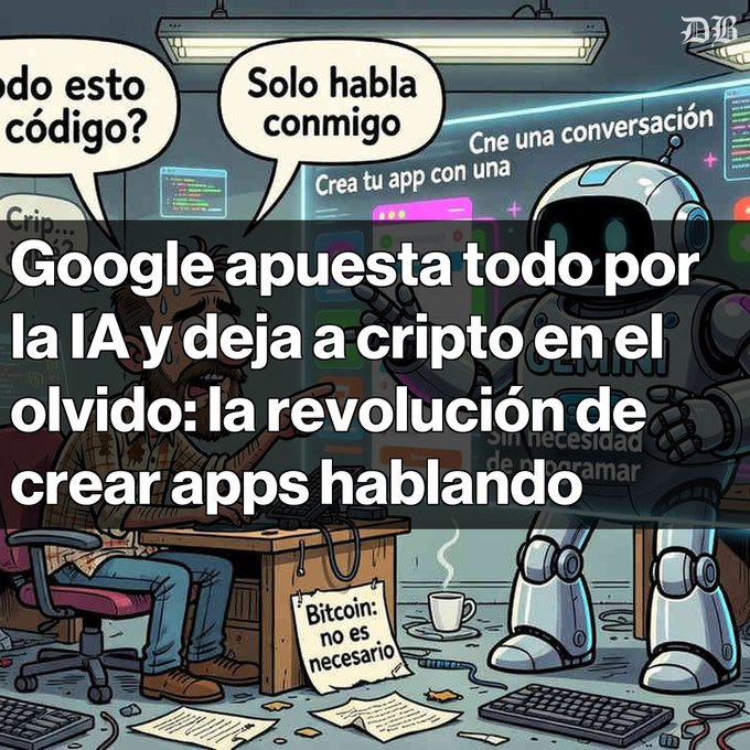 A Spanish-language cartoon illustration with a robot labeled 'GEMINI' and text 'Google apuesta todo por la IA y deja a cripto en el olvido: la revolución de crear apps hablando'.