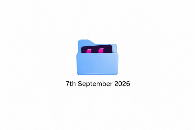 A minimalist graphic showing a blue folder icon containing magenta elements with the date "7th September 2026."